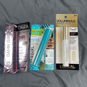 Lot of 3 , 2 mascaras: too faced and Cover Girl, black and Voluminous Primer